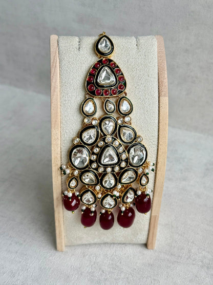 Ayura Designs Salma Jhoomar Passa – Ruby Red Beads with Kundan Stones & Antique Gold Finish
