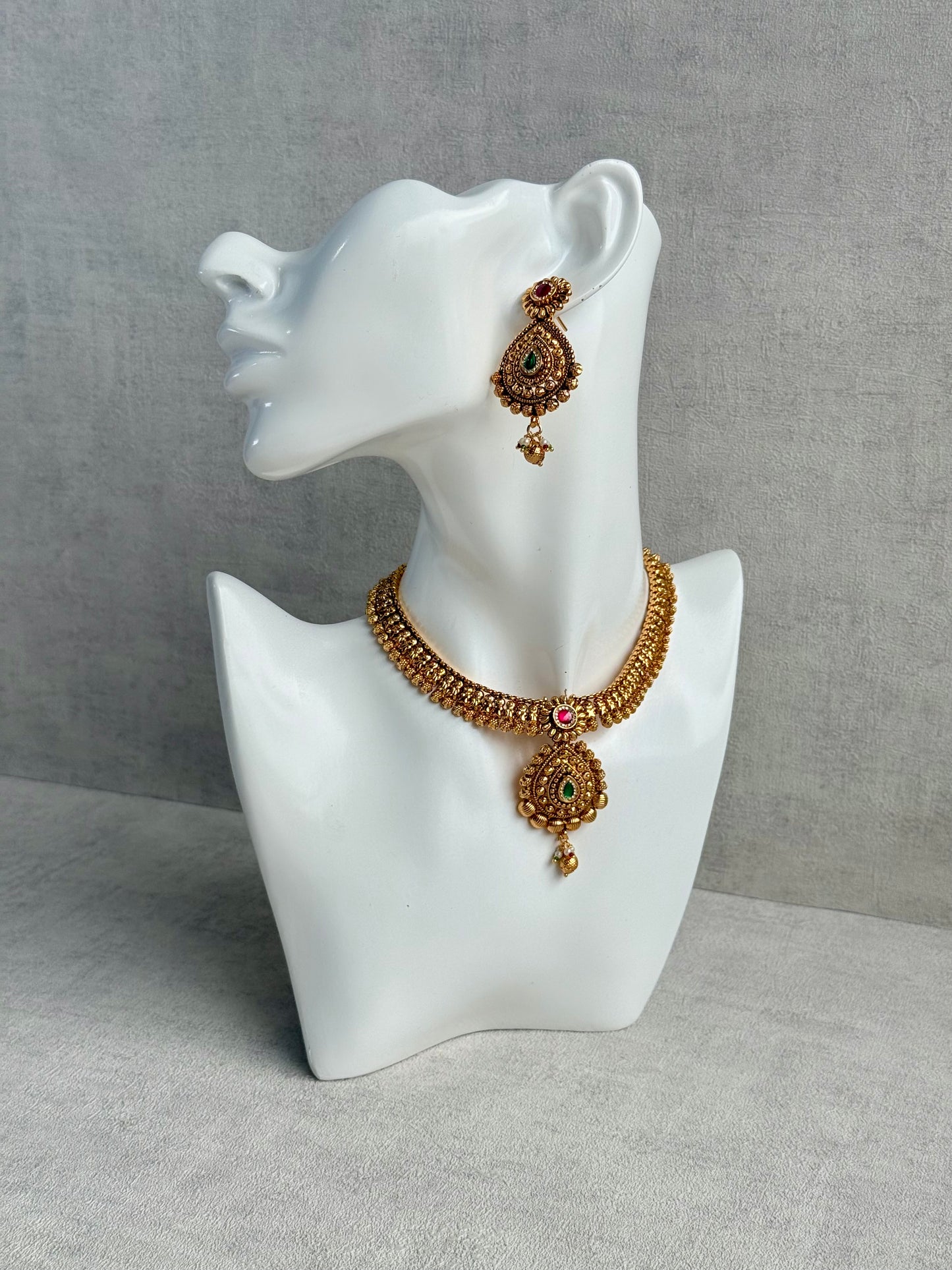 Ayura Designs Ayma Necklace Set with Earrings – Antique Gold Finish with Ruby Pink, Emerald Green & Crystal Detailing