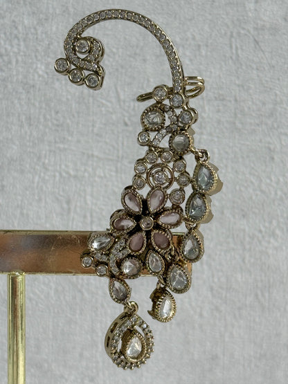 Ayura Designs Aksara Kaanphool Earrings – Blush Pink Stones, Kundan, Crystals & Antique Gold Finish