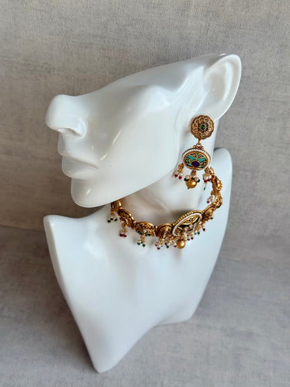 Ayura Designs Haya Choker Set with Stud Earrings – Emerald Enamel with Rani Pink Stones and Pearl Drop Detailing