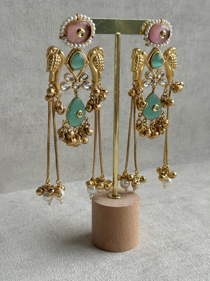 Ayura Designs Mehrun Earrings – Kashmiri Earrings with Mint Green Stones, Blush Pink Detailing & Pearl Drop Chains