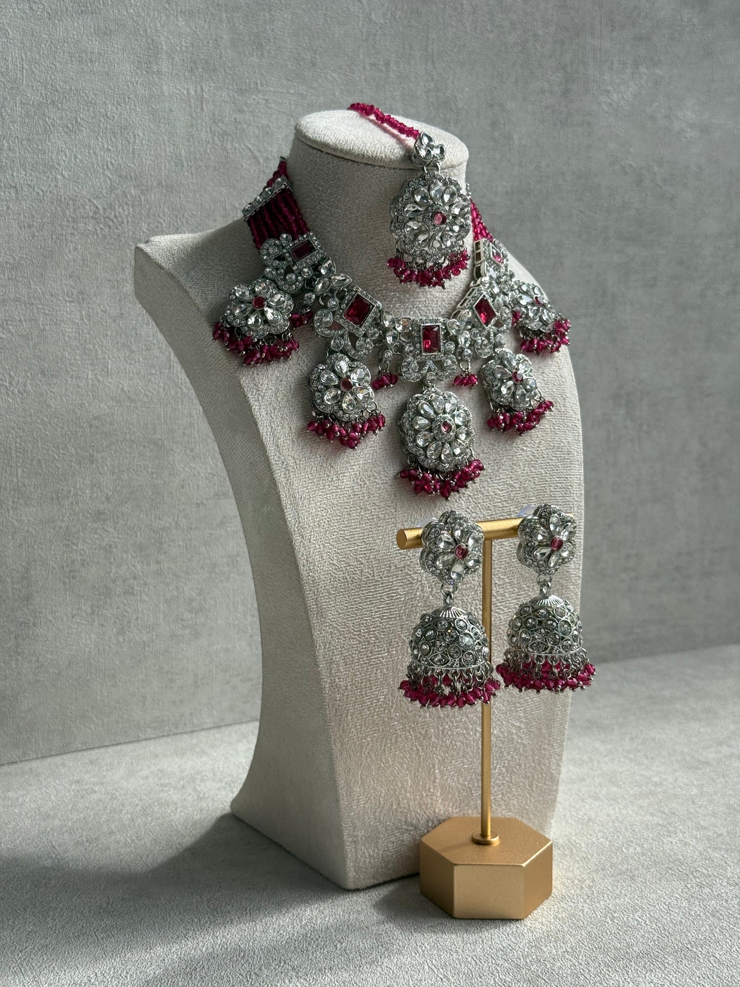 Ayura Designs Zarghuna Set with Jhumkis & Tikka – Fuchsia Beads, Mirror-Cut Stones & Silver Finish