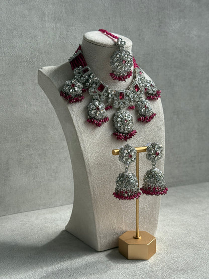 Ayura Designs Zarghuna Set with Jhumkis & Tikka – Fuchsia Beads, Mirror-Cut Stones & Silver Finish