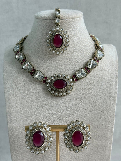 Ayura Designs Inza Necklace Set – Rani Pink Stones, Kundan & Crystals with Antique Gold Finish