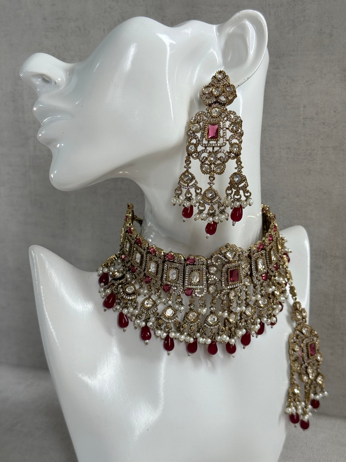 Ayura Designs Aisha Choker Set with Earrings & Tikka – Rani Pink Stones, Red Beads, Polki & Pearl Detailing