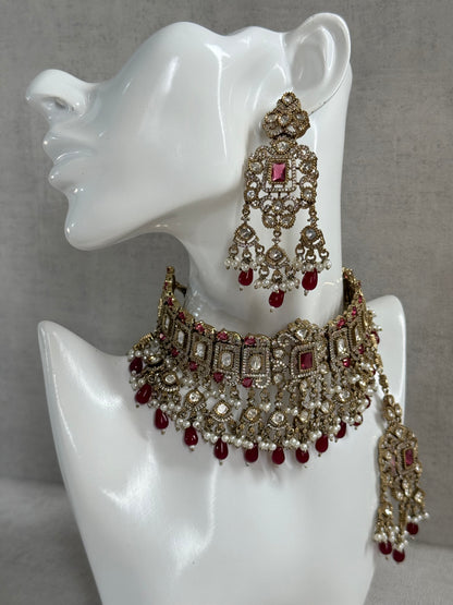 Ayura Designs Aisha Choker Set with Earrings & Tikka – Rani Pink Stones, Red Beads, Polki & Pearl Detailing
