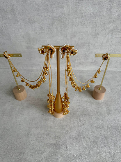 Ayura Designs Aman Earrings with Sahare – Kashmiri-Inspired Meenakari in Ruby Red & Emerald Green with Bird & Lotus Motifs