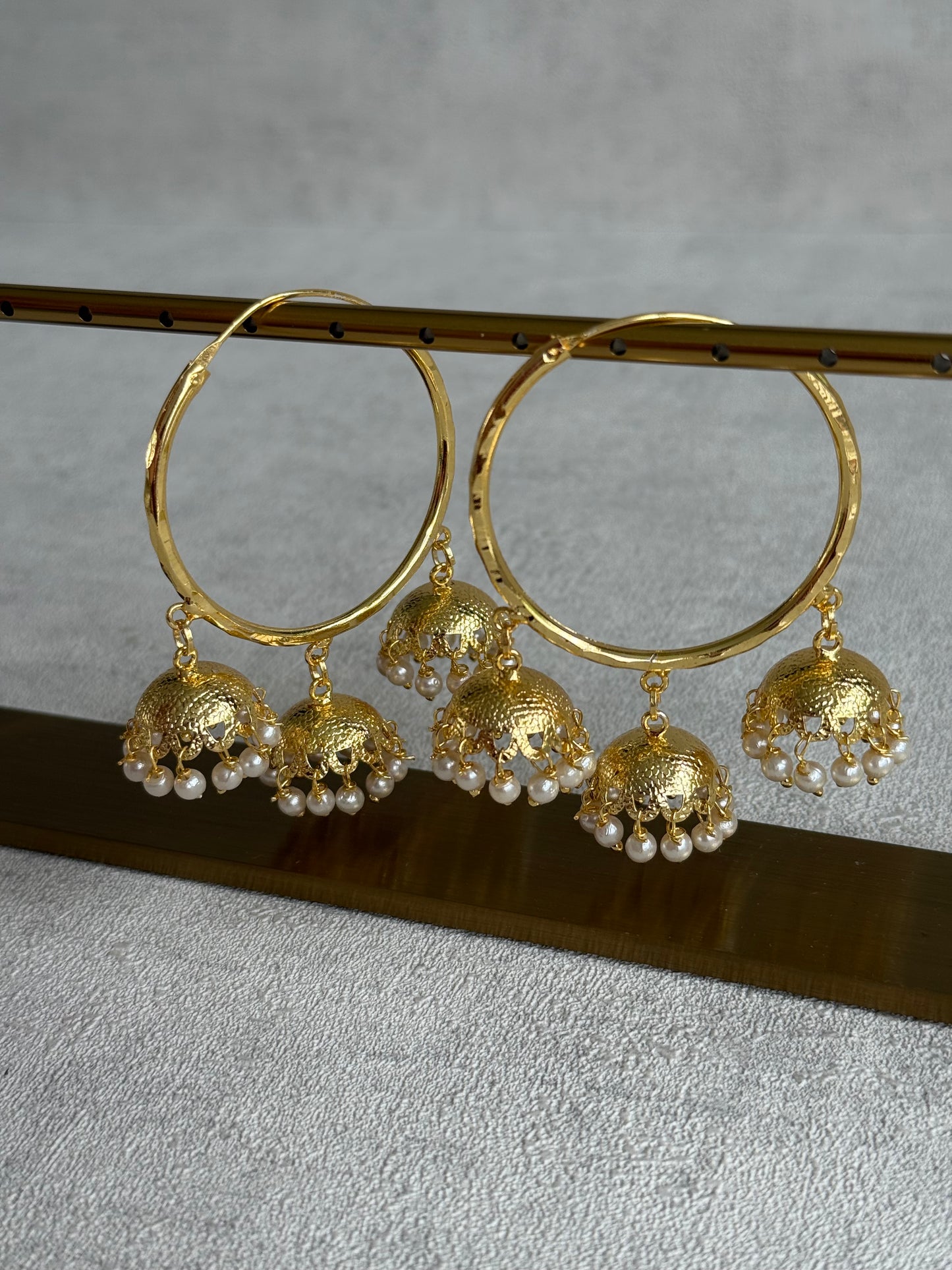 Ayura Designs Anam Balis – Gold Triple Jhumki Hoop Earrings with Pearl Drops