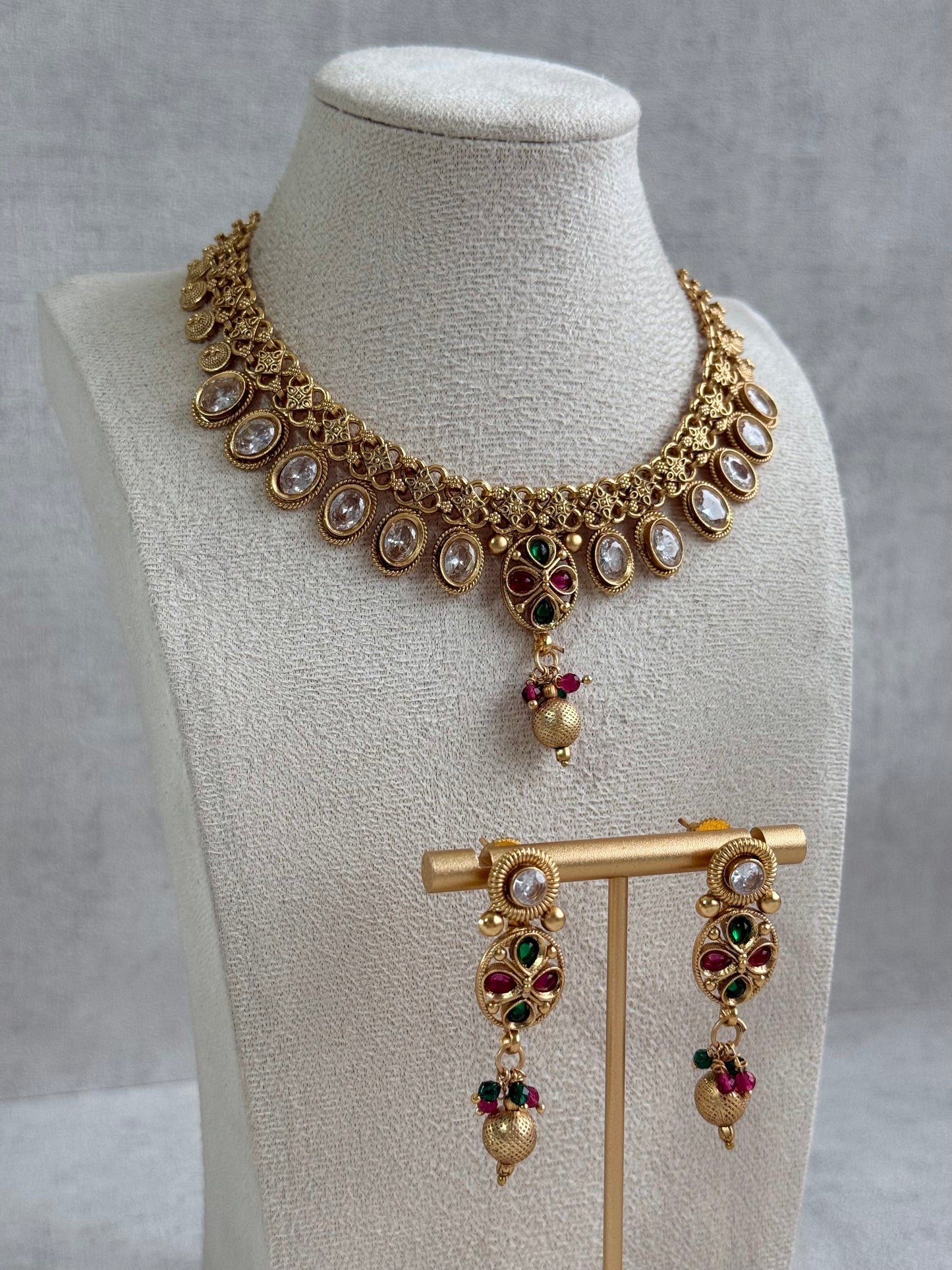 Ayura Designs Perniya Set with Necklace & Earrings – Mirror-Cut Stones with Multicolour Accents in Antique Gold Finish