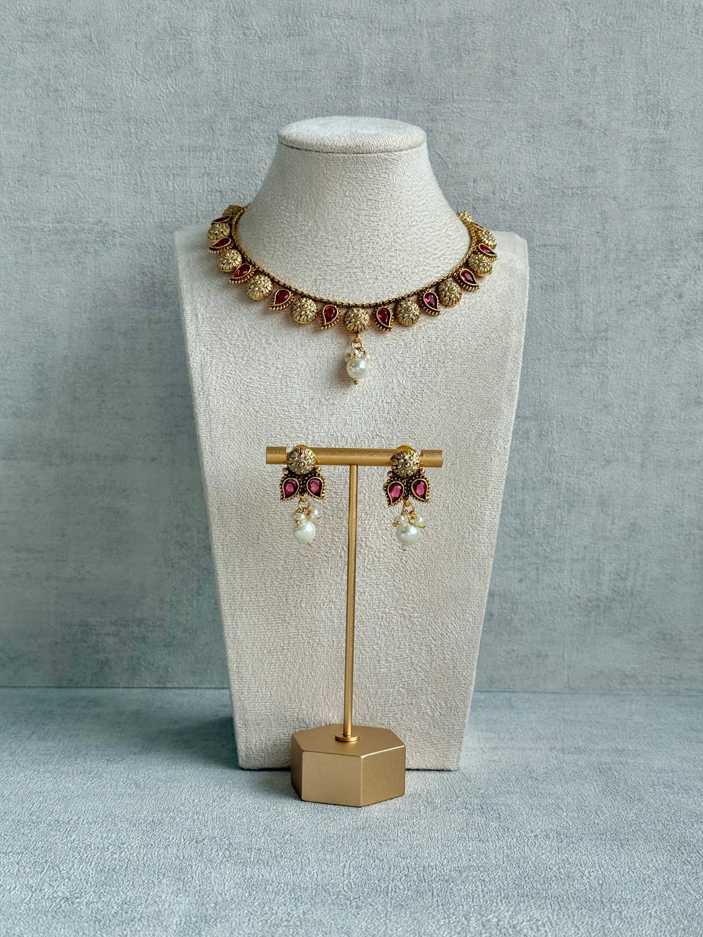 Ayura Designs Mayura Necklace Set with Earrings – Antique Gold Meenakari Motifs with Pearl Drop & Rani Pink Stones