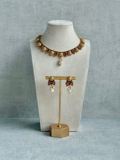 Ayura Designs Mayura Necklace Set with Earrings – Antique Gold Meenakari Motifs with Pearl Drop & Rani Pink Stones