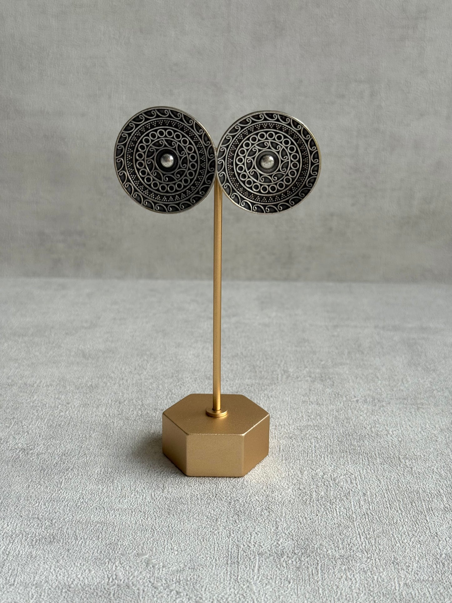 Ayura Designs Moksha Earrings – Oversized Oxidised Disc Stud Earrings with Intricate Cutwork Detailing