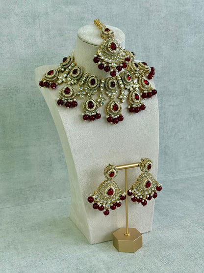 Ayura Designs Janvi Set with Necklace, Earrings & Tikka – Kundan Detailing, Ruby Red Beads & Ivory Pearl Drops