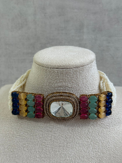 Ayura Designs Emma Choker Set – Multicolour Gemstone Choker & Studs with Mirror-Cut Centrepiece, Pearl Strands & Crystal Borders