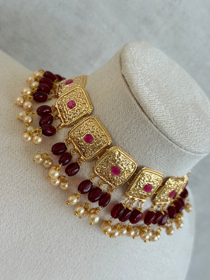 Ayura Designs Chetna Choker Set with Earrings & Tikka – Maroon Beads, Cream Pearl Drops with Pipal Patti Detailing