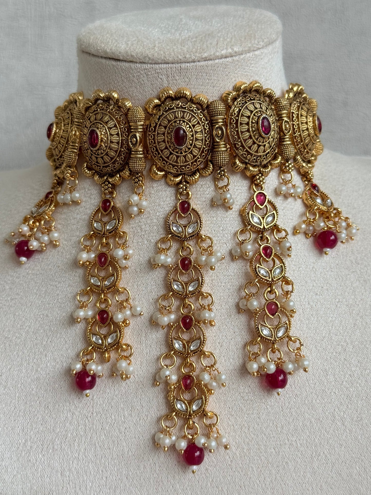 Ayura Designs Kabini Choker Set with Earrings – Gold Kundan Waterfall Choker with Ruby Pink Beads & Pearls