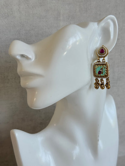 Ayura Designs Inira Drop Earrings – Mint Green Enamel Bird Earrings with Rani Pink Kundan & Ghungroo Drops