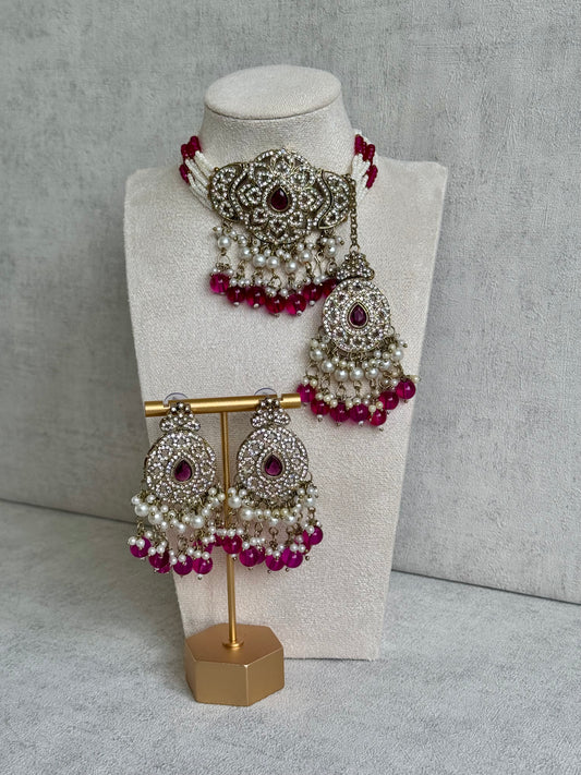 Ayura Designs Nyra Choker Set with Earrings & Tikka – Magenta Pearls, Crystal Stones & Kundan Work