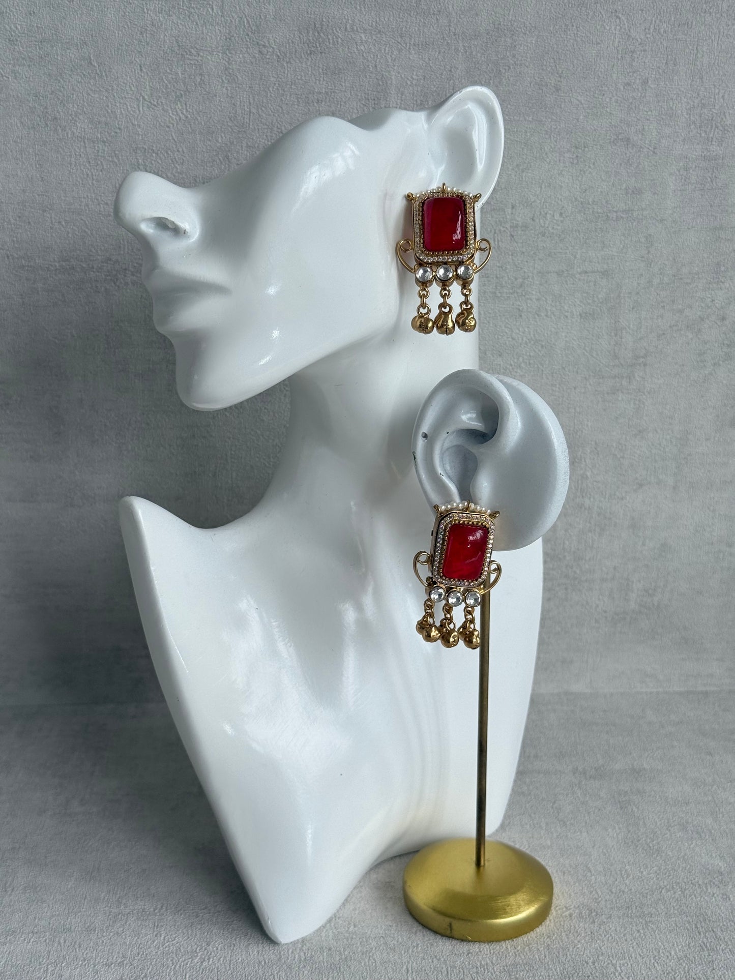 Ayura Designs Aleena Earrings – Ruby Red Stone Stud Earrings with Pearls & Ghungroo Detailing