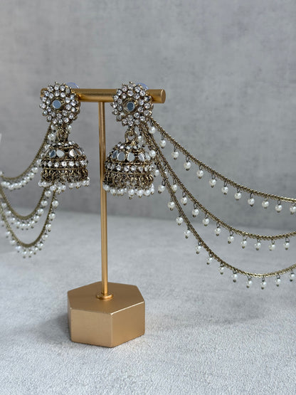 Ayura Designs Aks-e-Noor Jhumkis – Antique Gold Mirror & Crystal Earrings with Detachable Triple-Layer Pearl Sahare