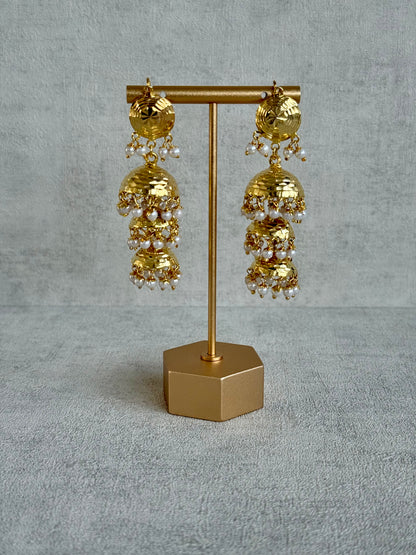 Ayura Designs Noorak Jhumkis – Hammered Gold Layered Jhumkis with Pearl Drop Detailing