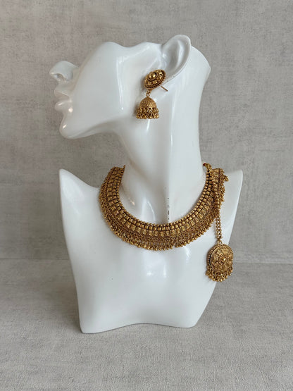 Ayura Designs Iksirat Necklace Set with Jhumkis & Tikka – Gold Heritage Design with Ghungroo Detailing