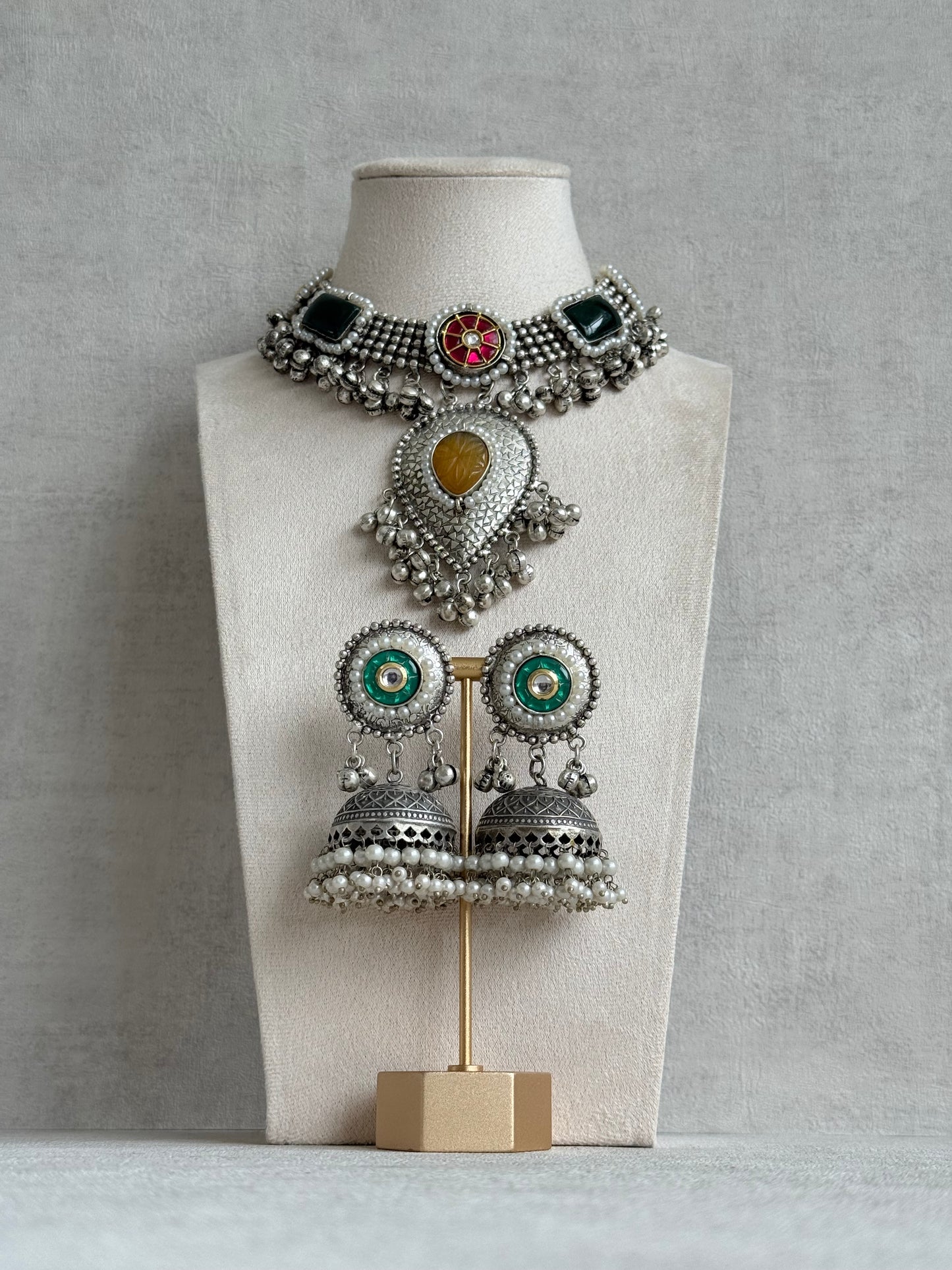 Ayura Designs Izel Necklace Set with Jhumkis – Oxidised Silver Statement Necklace with Multicolour Stones & Ghungroo Detailing