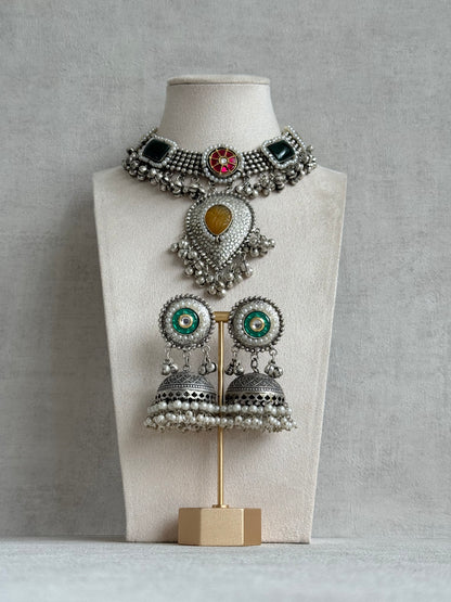Ayura Designs Izel Necklace Set with Jhumkis – Oxidised Silver Statement Necklace with Multicolour Stones & Ghungroo Detailing