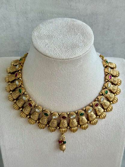 Ayura Designs Aima Necklace Set with Earrings – Antique Gold with Rani Pink & Emerald Green Stones