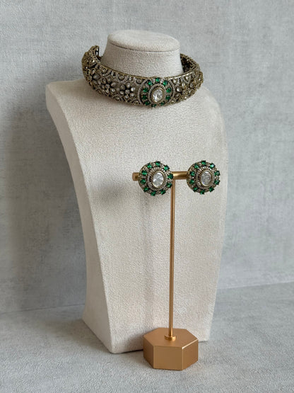 Ayura Designs Genevieve Choker Set with Studs – Emerald Green Crystal Kundan in Antique Gold