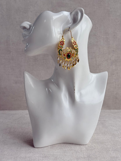 Ayura Designs Nimrat Balis – Emerald Green & Multicolour Stones, Ivory Pearl Beads & Pippal Patti, Gold Finish