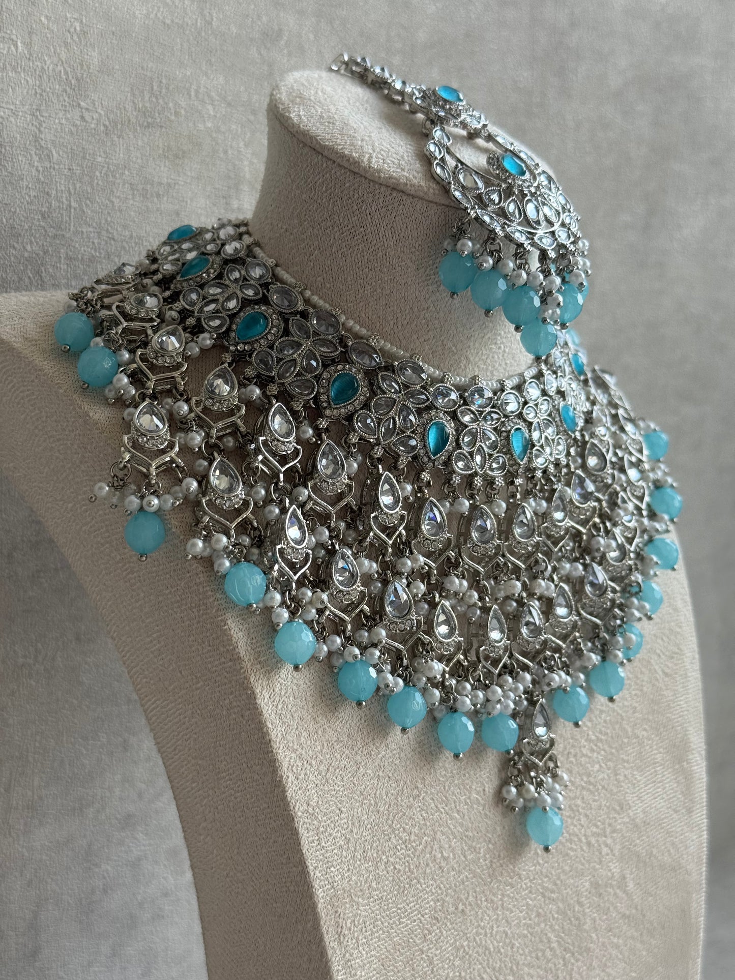 Ayura Designs Eknoor Set – Necklace, Tikka & Earrings with Aqua Blue Beads, Pearls and Silver Finish