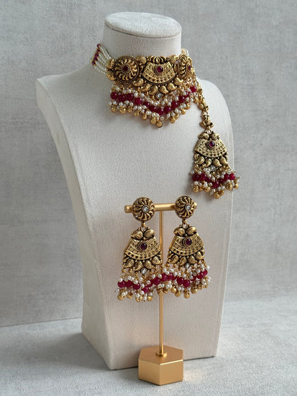 Ayura Designs Sairish Choker Set with Earrings & Tikka – Ruby Pink Beads, Pearl Detailing, Ghungroos, Paisley Motifs & Antique Gold Finish