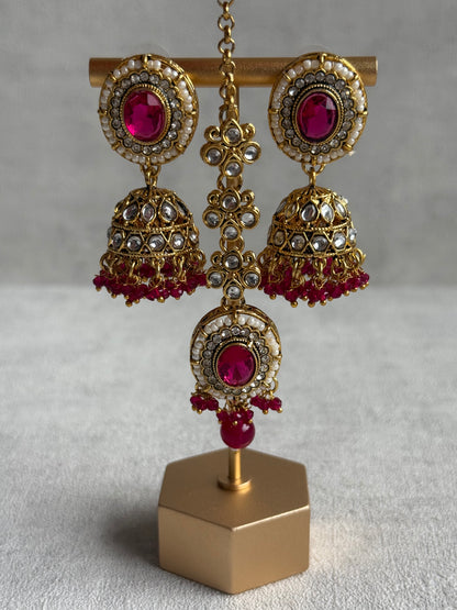 Ayura Designs Muskaan Set – Choker, Jhumkis & Tikka with Fuchsia Beads, Kundan Stones & Antique Gold Finish