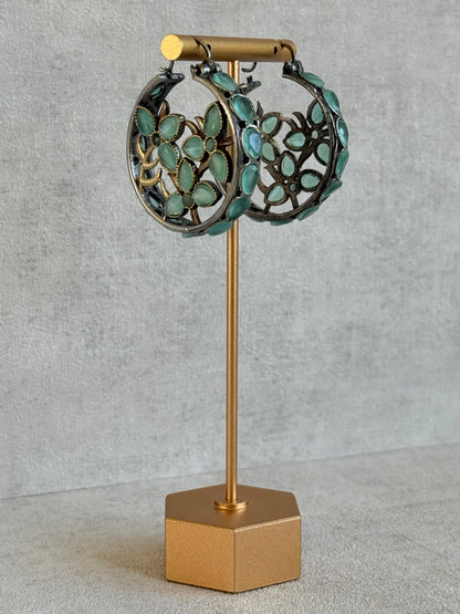 Ayura Designs Nureh Earrings – Dual Tone Floral Hoop Earrings with Mint Green Stones & Cutwork Detailing