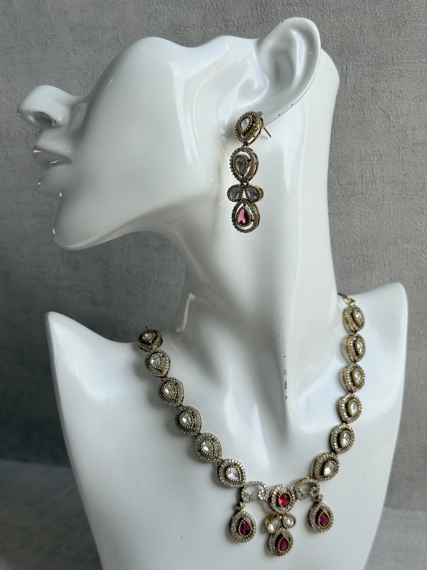 Ayura Designs Bianca Necklace Set with Earrings – Kundan, Ruby Pink Stones, Crystals & Gold Finish