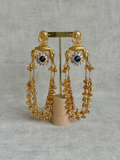 Ayura Designs Meelan Earrings – Antique Gold Earrings with Bird Motifs, Navy Stone & Ghungroo Detailing