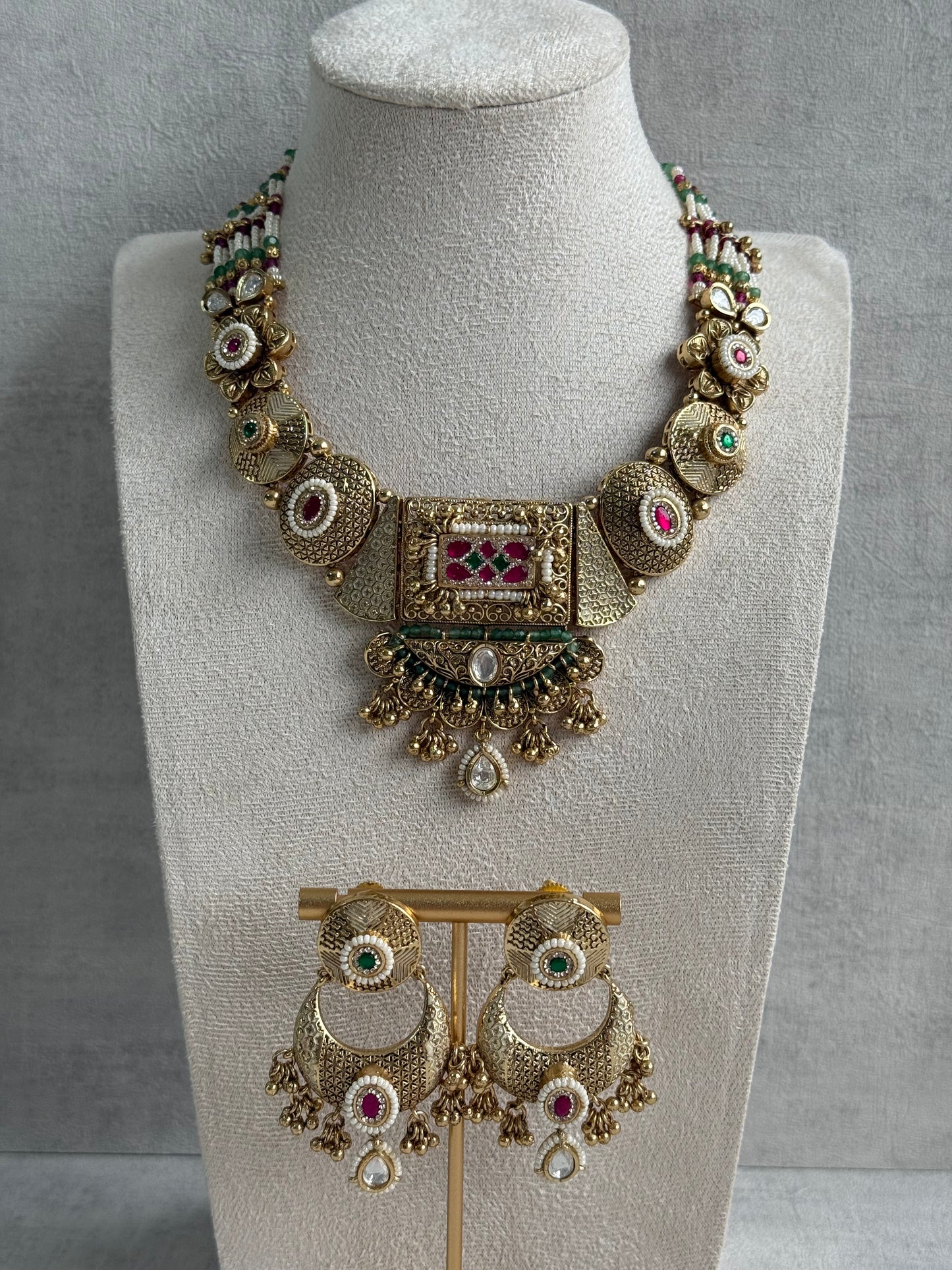 Ayura Designs Purvi Set – Necklace & Earrings with Antique Gold Filigree, Ruby, Emerald & Pearl Detailing