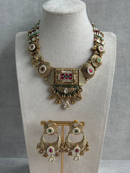 Ayura Designs Purvi Set – Necklace & Earrings with Antique Gold Filigree, Ruby, Emerald & Pearl Detailing