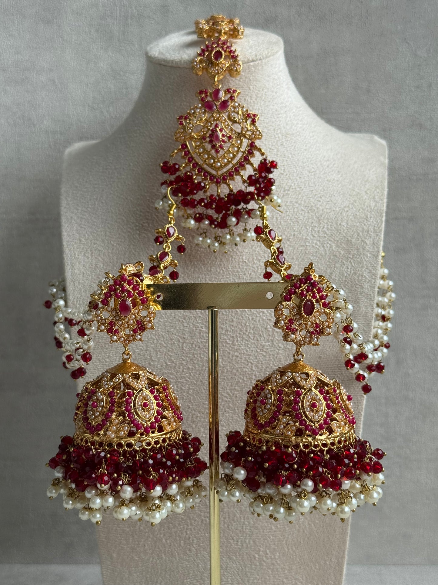Ayura Designs Safia Tikka Set with Sahare Earrings – Ruby Red Beads & Pearls