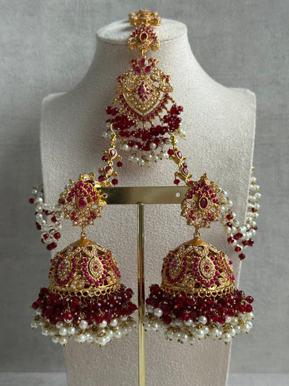 Ayura Designs Safia Tikka Set with Sahare Earrings – Ruby Red Beads & Pearls