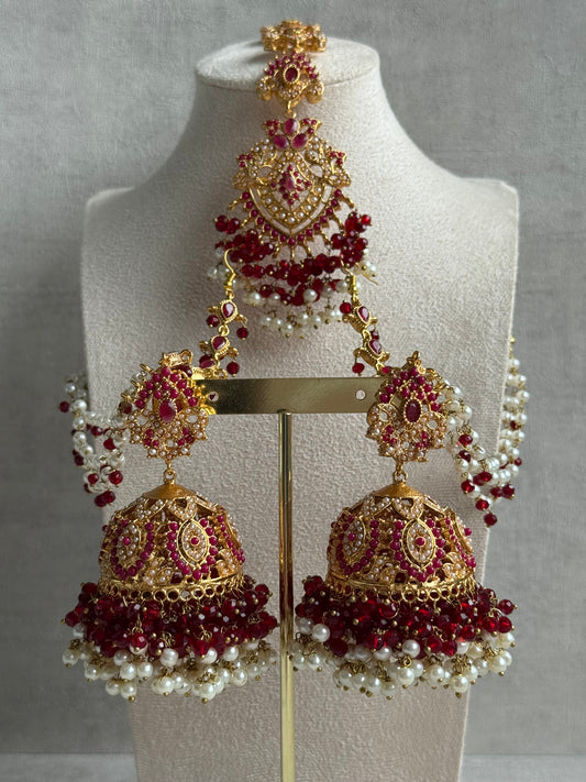 Ayura Designs Safia Tikka Set with Sahare Earrings – Ruby Red Beads & Pearls