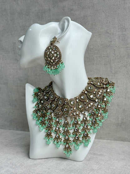 Ayura is Designs Tanya Bridal Set with Necklace, Earrings & Tikka – Pistachio Mint Beads, Mirror-Cut Stones and Antique Gold Finish