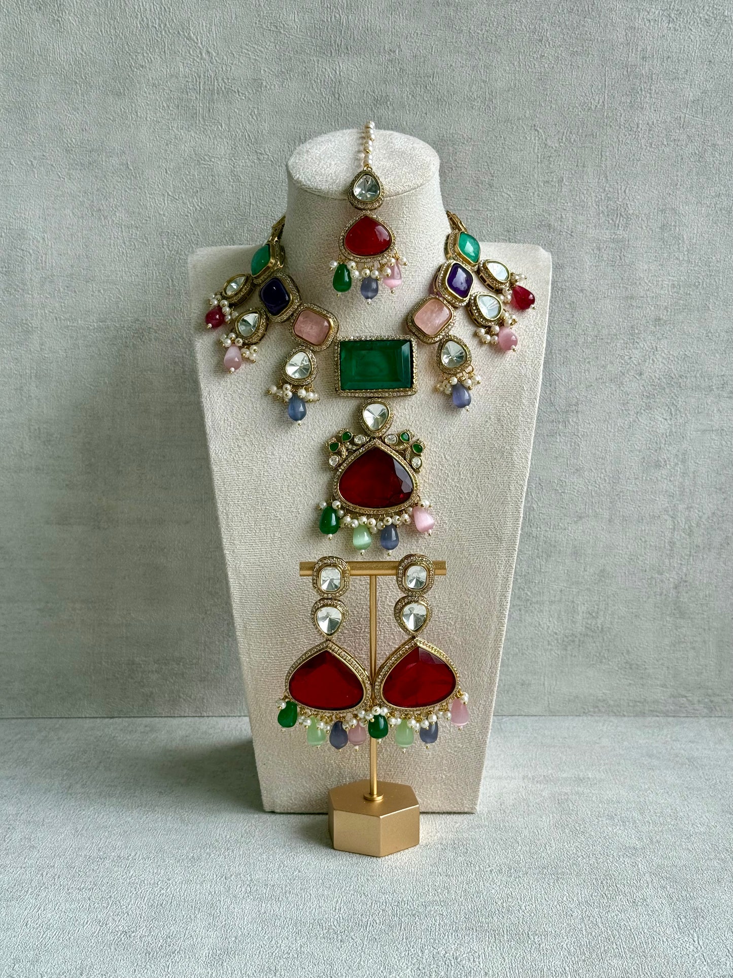 Ayura Designs Lara Set – Statement Multicolour Necklace, Earrings & Tikka with Ruby, Emerald & Pastel Beads