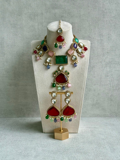 Ayura Designs Lara Set – Statement Multicolour Necklace, Earrings & Tikka with Ruby, Emerald & Pastel Beads