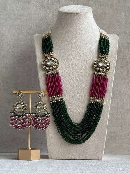 Ayura Designs Sienna Set – Long Layered Necklace & Earrings with Emerald, Berry Pink & Ivory Beads, Mirror-Cut Kundan & Pearl Detailing
