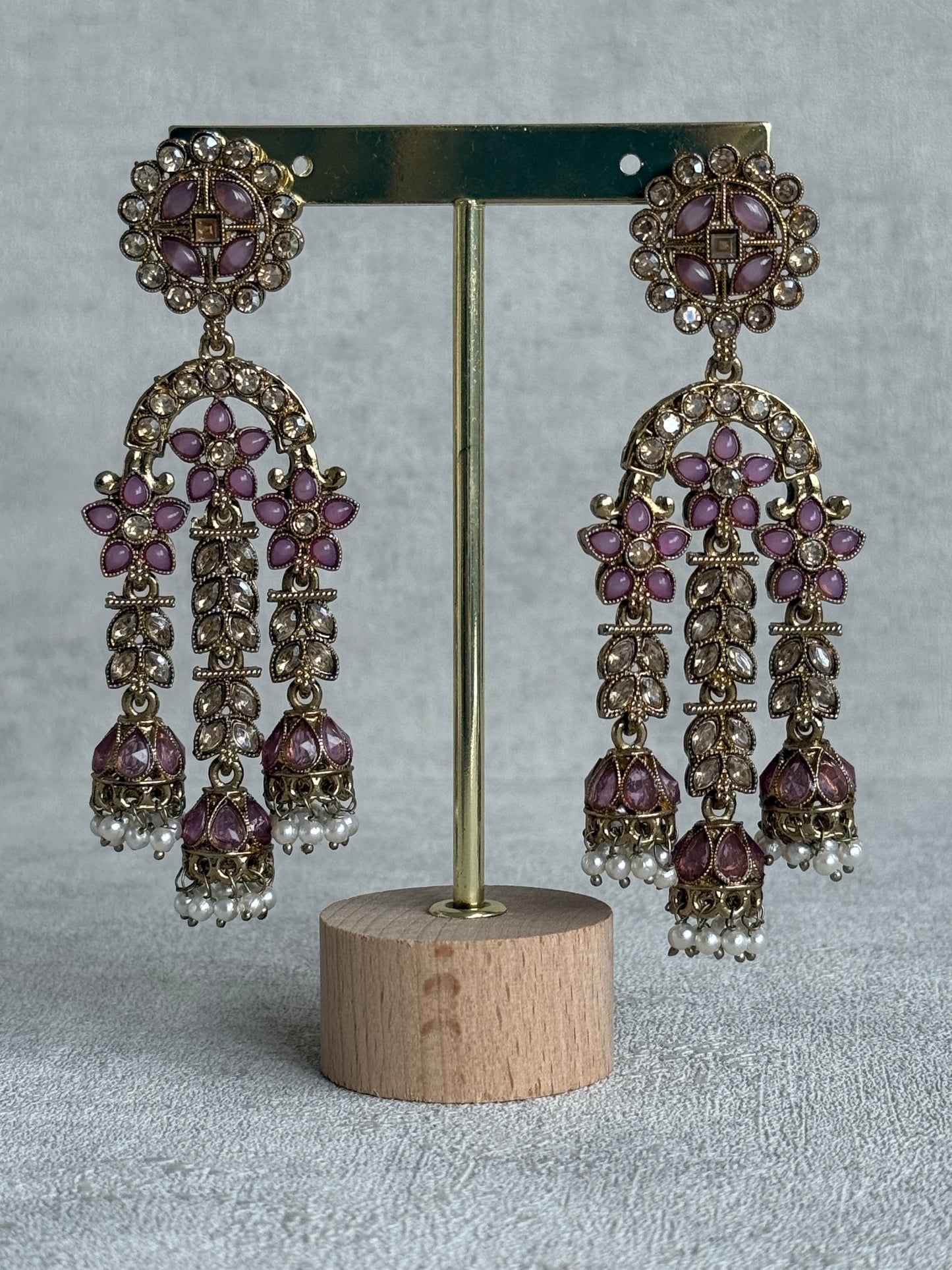 Ayura Designs Soraya Earrings – Lilac Stones, Champagne Crystals, Pearl Detailing & Gold Finish