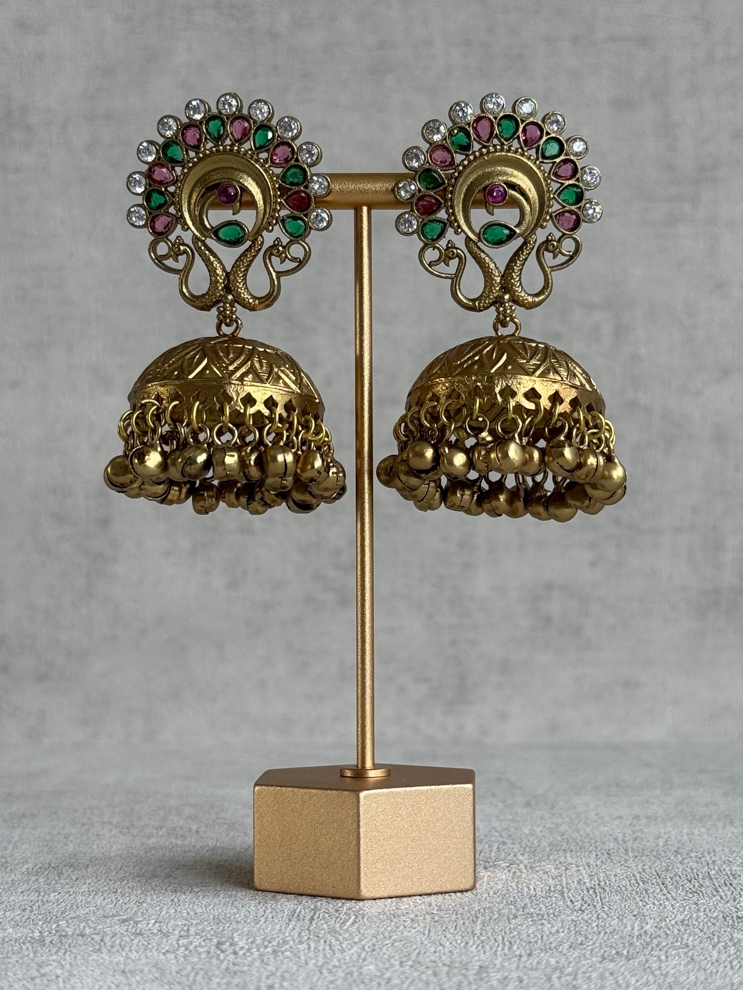 Ayura Designs Moraya Jhumkis – Pink & Green Peacock Motif with Antique Gold Detailing