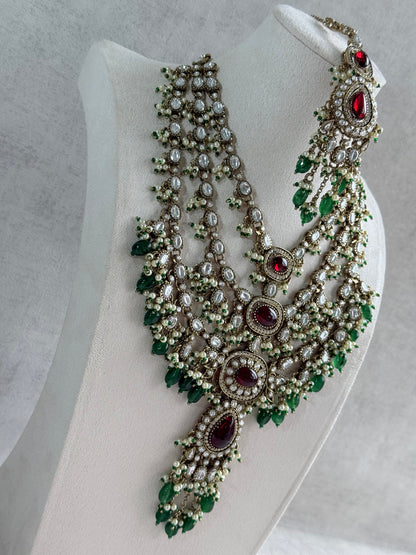 Ayura Designs Sahra Bridal Set with Earrings & Tikka – Ruby Red, Emerald Green, Kundan Stones & Pearls in Antique Gold Finish