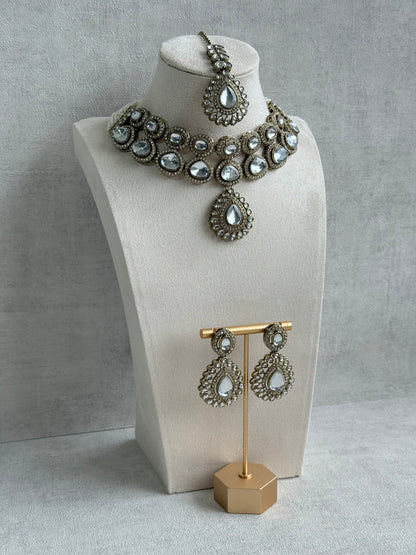 Ayura Designs Tamara Set with Necklace, Earrings & Tikka – All Mirror-Cut Stones with Kundan Detailing in Antique Gold Finish